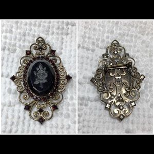 Antique Engraved Rose & Rhinestone Brooch